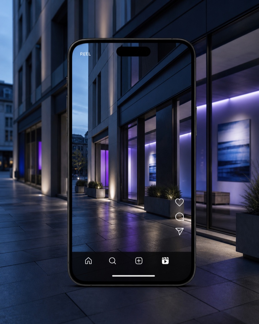 Smartphone mit Reel-Vorschau vor einer modernen Stadt- und Geschäftskulisse
